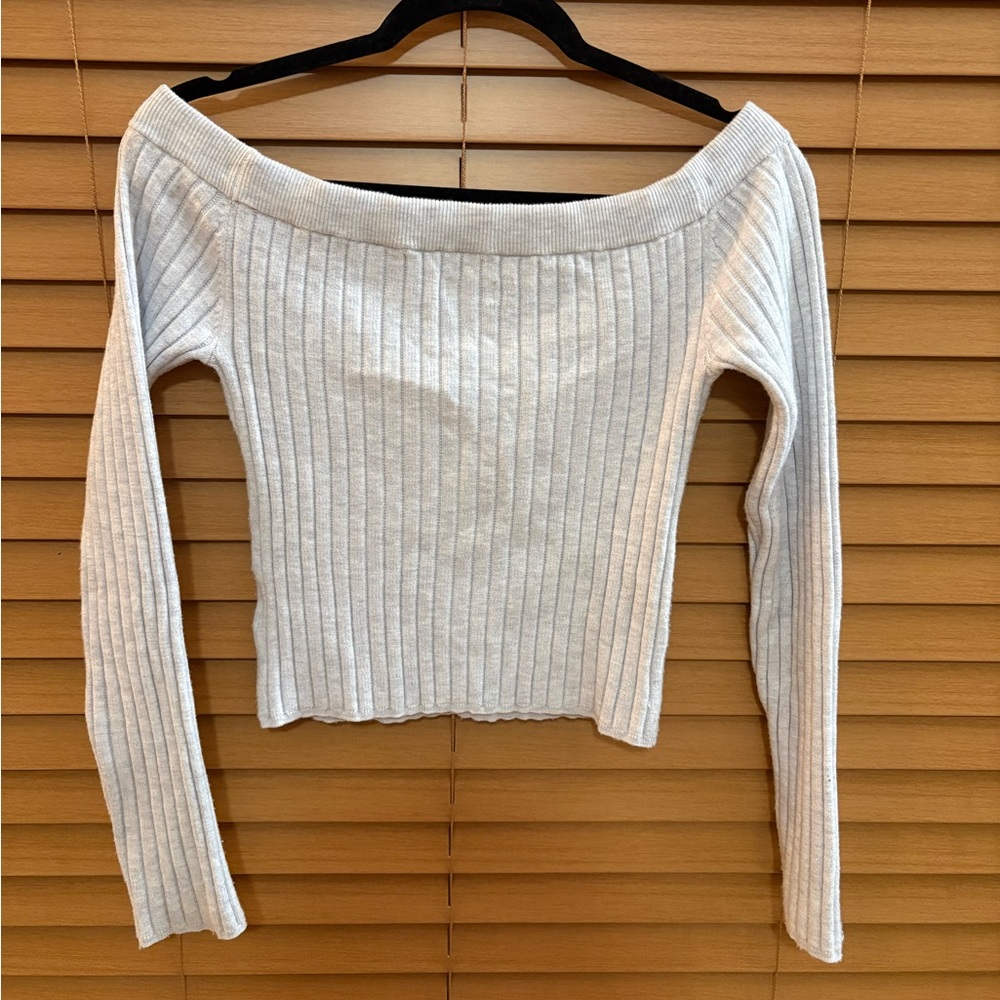 Aerie Off-Shoulder Ribbed Knit Sweater - Medium Grey - Picture 4 of 10